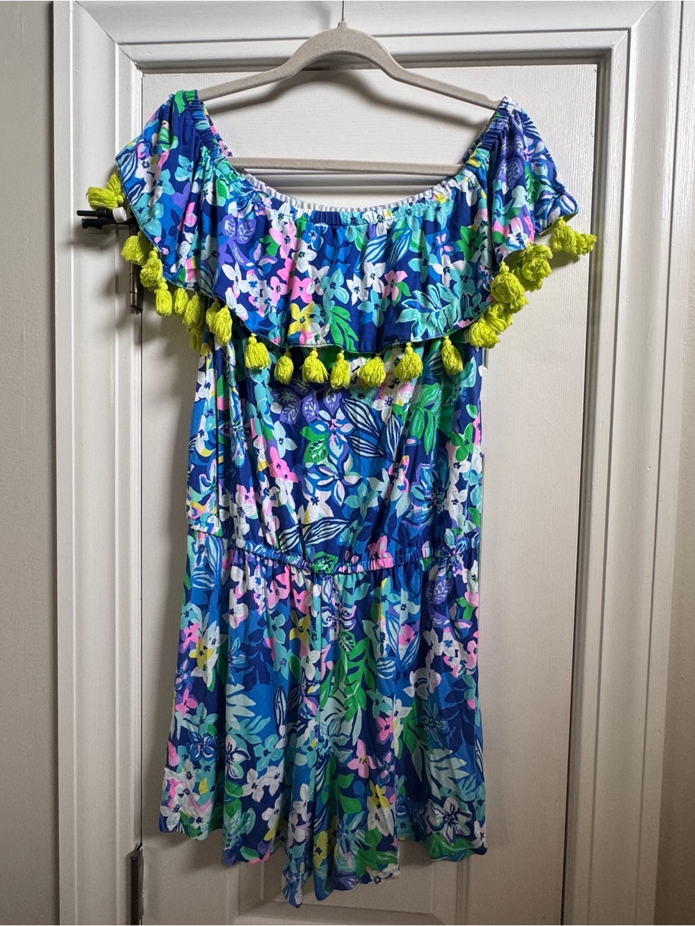 Lilly Pulitzer Blue Floral Off-Shoulder Romper with Lime Tassels